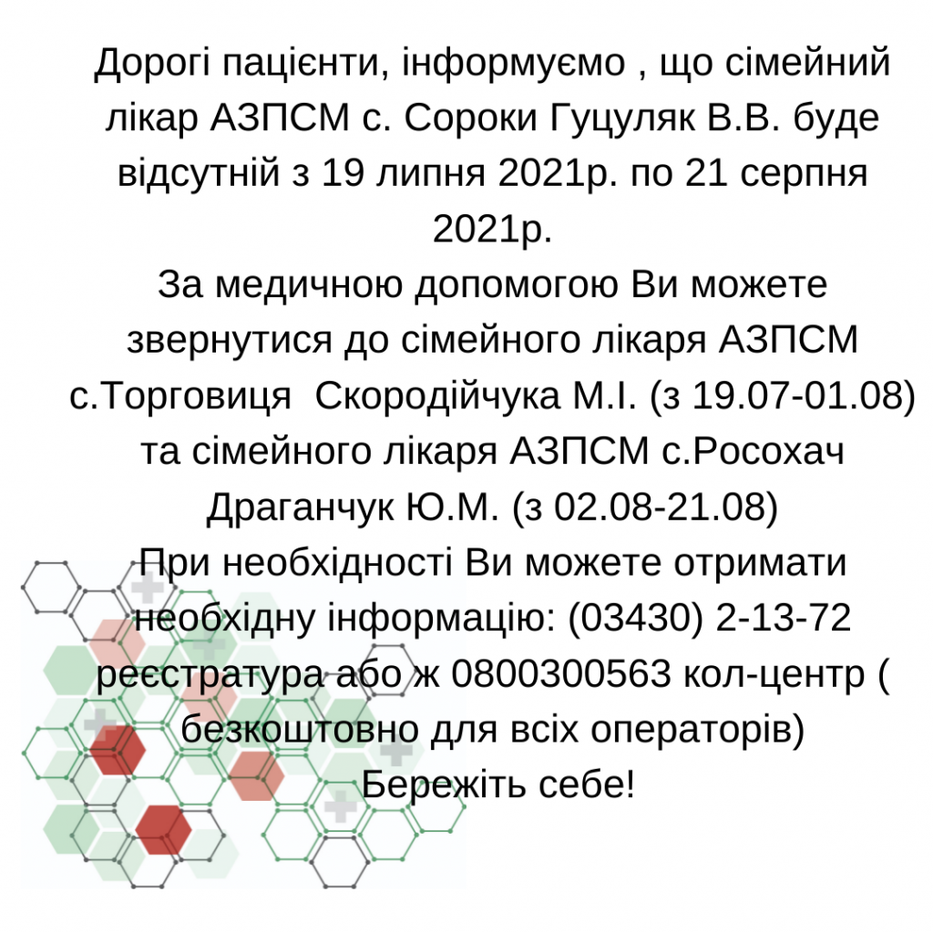 Лікар Бороденко І.Я. 09.07.2021 буде відсутній